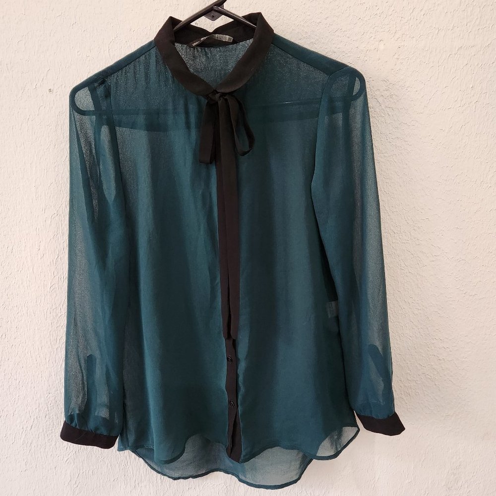 Zara Blouse Womens Small Sheer Button Down Blouse Tie Neck Teal Black Career